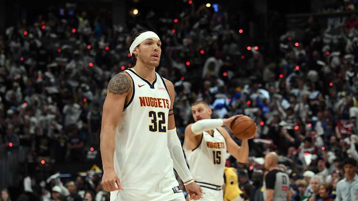  Apr 18, 2026; Denver, Colorado, USA; Denver Nuggets forward Aaron Gordon (32) before the opening tip against the Minnesota Timberwolves during game one of the first round of the 2026 NBA Playoffs at Ball Arena. | Christopher Hanewinckel-Imagn Images 