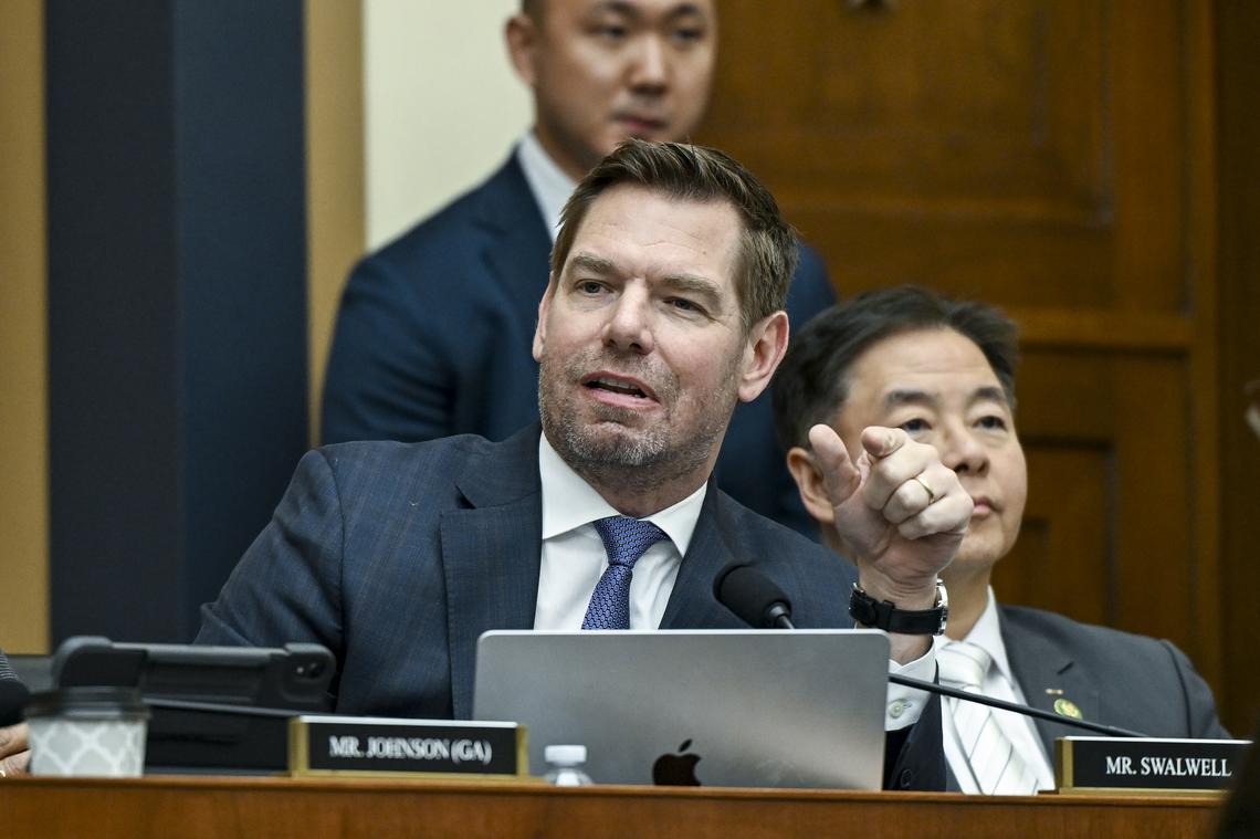 FILE -- Rep. Eric Swalwell (D-Calif.) during a hearing on Capitol Hill in Washington, Jan. 22, 2026. Swalwell, a Democratic congressman from the San Francisco Bay Area, said on Monday, April 13, 2026, that he was resigning from the House after allegations that he sexually assaulted a former staff member and engaged in misconduct with other women. (Kenny Holston/The New York Times)