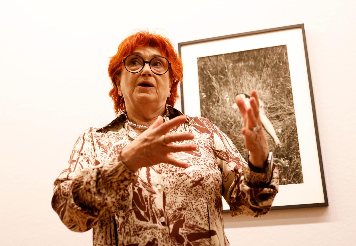 Austrian avant-garde artist Valie Export addresses the media prior the opening of her exhibition 'VALIE EXPORT Retrospective' at the Albertina museum in Vienna, Austria, June 22. 2023. REUTERS/Leonhard Foeger