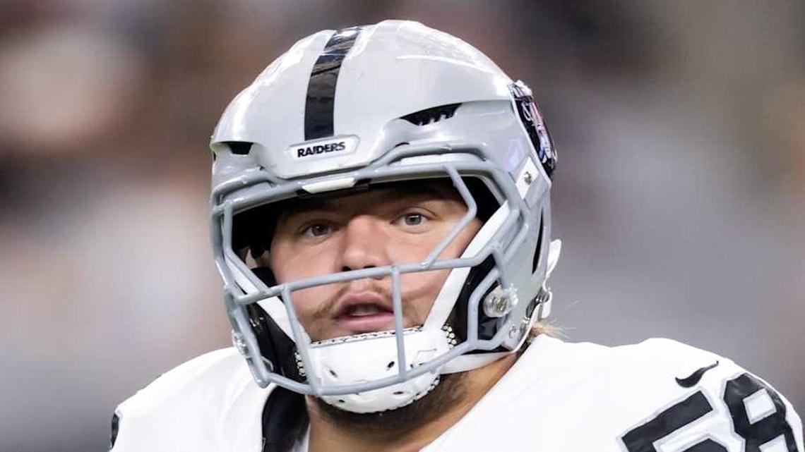  Aug 23, 2025; Glendale, Arizona, USA; Las Vegas Raiders center Jackson Powers-Johnson (58) against the Arizona Cardinals during a preseason NFL game at State Farm Stadium. Mandatory Credit: Mark J. Rebilas-Imagn Images | Mark J. Rebilas-Imagn Images 