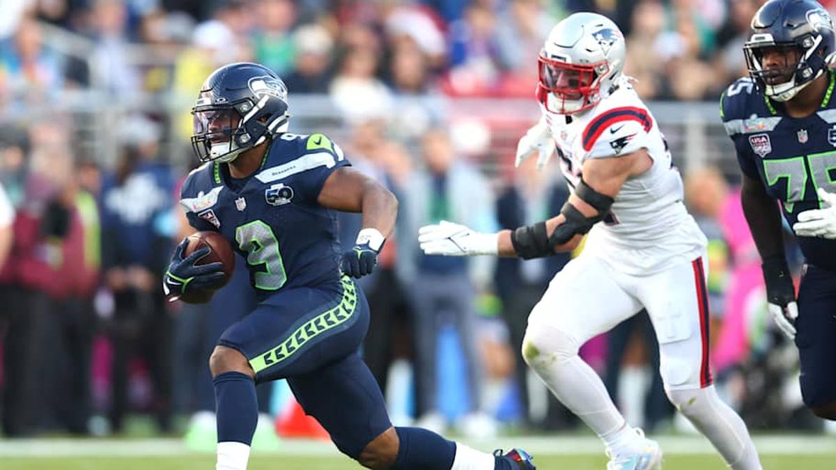  Feb 8, 2026; Santa Clara, CA, USA; Seattle Seahawks running back Kenneth Walker III (9) runs against the New England Patriots during the second quarter in Super Bowl LX at Levi's Stadium. Mandatory Credit: Mark J. Rebilas-Imagn Images | Mark J. Rebilas-Imagn Images 
