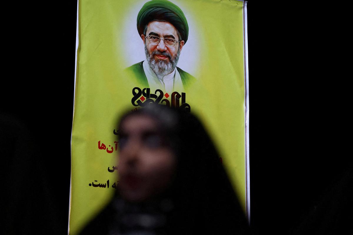 A banner with a picture of Iran’s new Supreme Leader, Mojtaba Khamenei, during a rally in Tehran, Iran, May 6, 2026. Majid Asgaripour/WANA (West Asia News Agency) via REUTERS