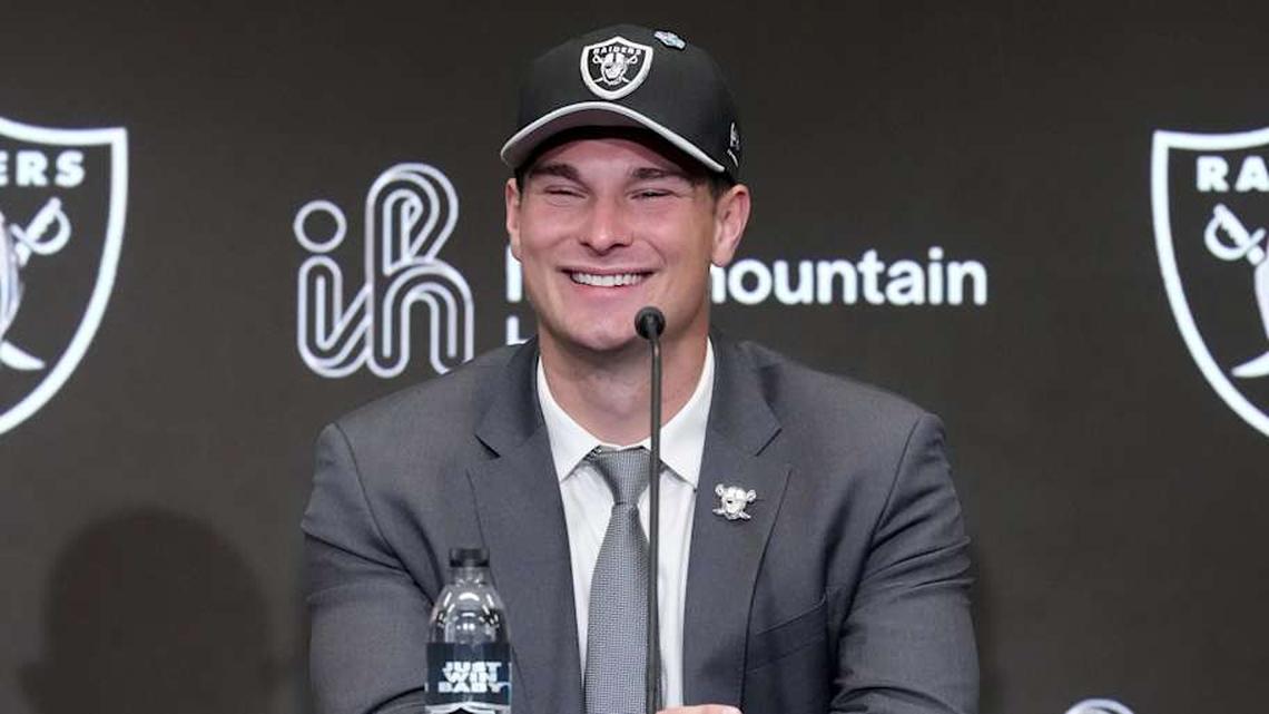  Apr 24, 2026; Henderson, NV, USA; Las Vegas Raiders quarterback Fernando Mendoza speaks at introductory press conference at Intermountain Health Performance Center after being selected as the No. 1 pick in the 2026 NFL Draft. Mandatory Credit: Kirby Lee-Imagn Images | Kirby Lee-Imagn Images 