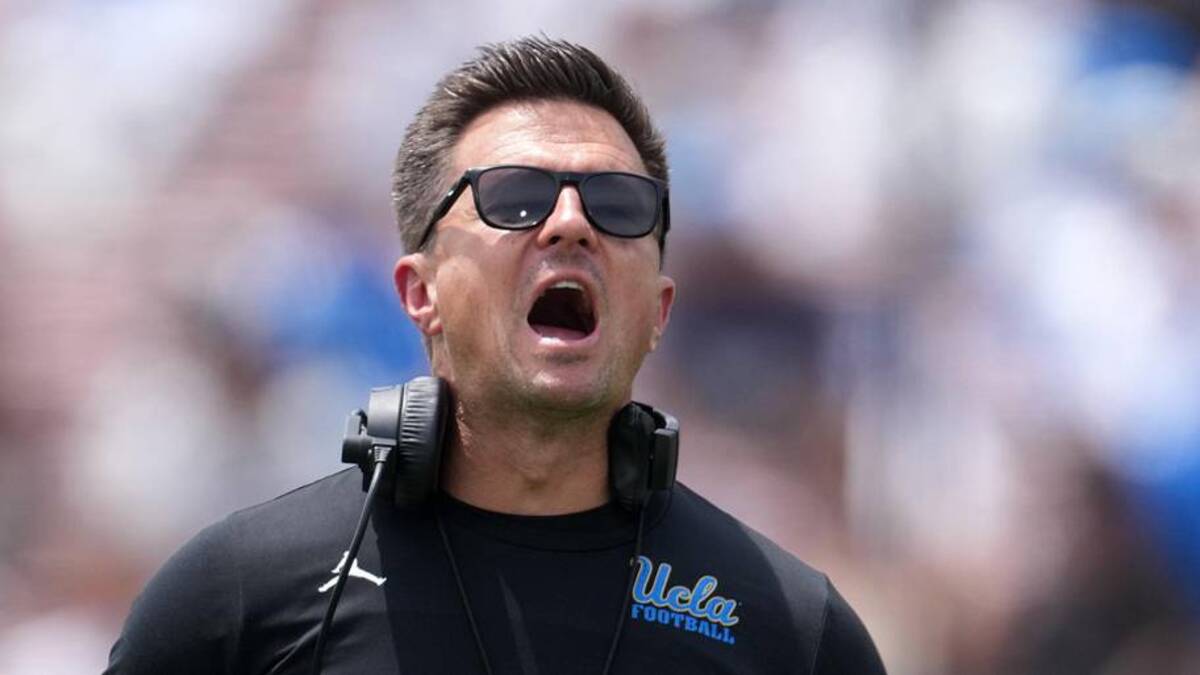  May 2, 2026; Pasadena, CA, USA; UCLA Bruins coach Bob Chesney reacts during the spring game at Rose Bowl. Mandatory Credit: Kirby Lee-Imagn Images | Kirby Lee-Imagn Images 