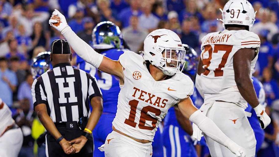  Oct 18, 2025; Lexington, Kentucky, USA; Texas Longhorns defensive back Michael Taaffe (16) celebrates after the Kentucky Wildcats fail to score during overtime at Kroger Field. Mandatory Credit: Jordan Prather-Imagn Images | Jordan Prather-Imagn Images 