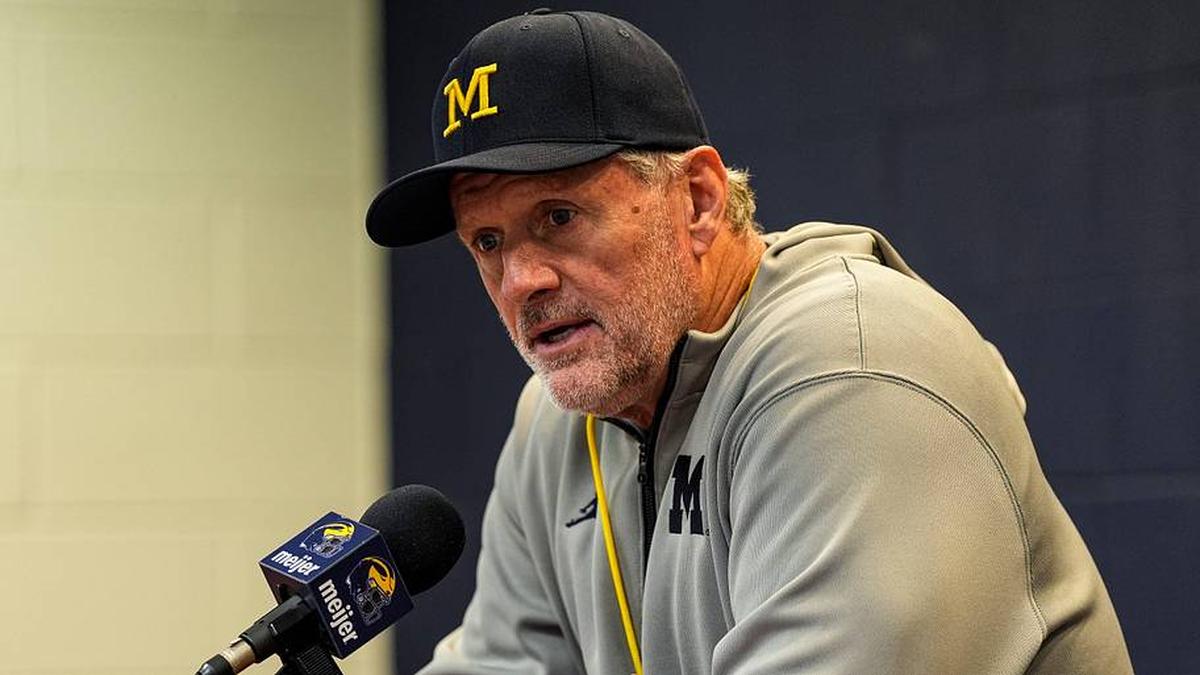  Michigan head coach Kyle Whittingham speaks to media after the spring game at Michigan Stadium in Ann Arbor on Saturday, April 18, 2026. | Junfu Han / USA TODAY NETWORK via Imagn Images 