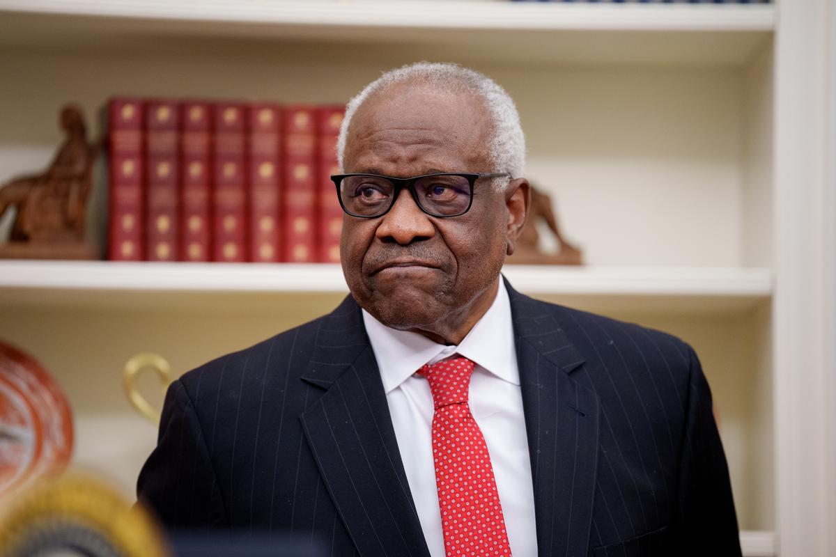  U.S. Supreme Court Associate Justice Clarence Thomas appears before swearing in Pam Bondi as U.S. Attorney General in the Oval Office at the White House on February 05, 2025, in Washington, DC. 