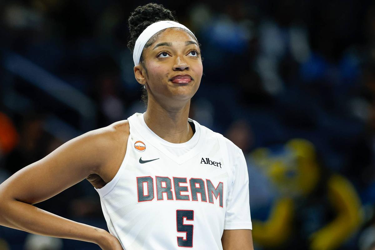  Atlanta Dream forward Angel Reese (5) reacts during a game. Kamil Krzaczynski-Imagn Images