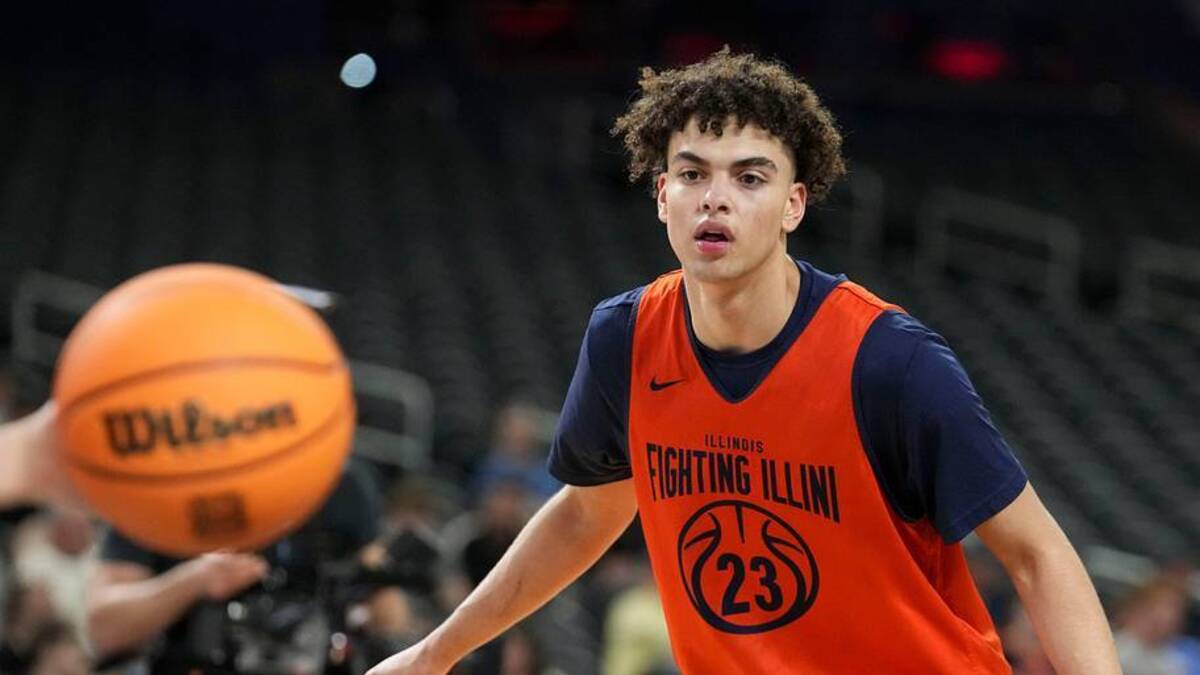  Illinois Fighting Illini guard Keaton Wagler (23) guards during practice ahead of a Final Four game on Friday, April 3, 2026, at Lucas Oil Stadium in Indianapolis. | Christine Tannous/IndyStar / USA TODAY NETWORK via Imagn Images 