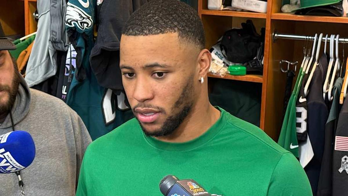 Running back Saquon Barkley answers reporters' questions in the days leading up to the Eagles' home playoff game against the San Francisco 49ers. | Ed Kracz/Eagles on SI 