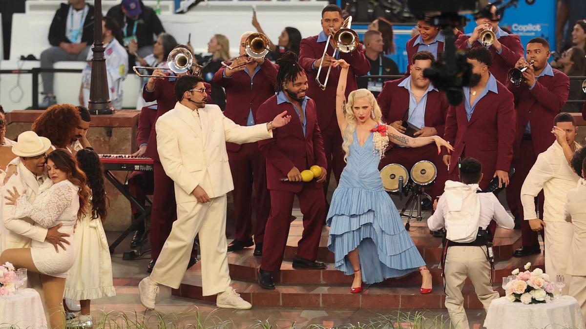 Lady Gaga and Bad Bunny perform Sunday during the Super Bowl LX halftime show.
