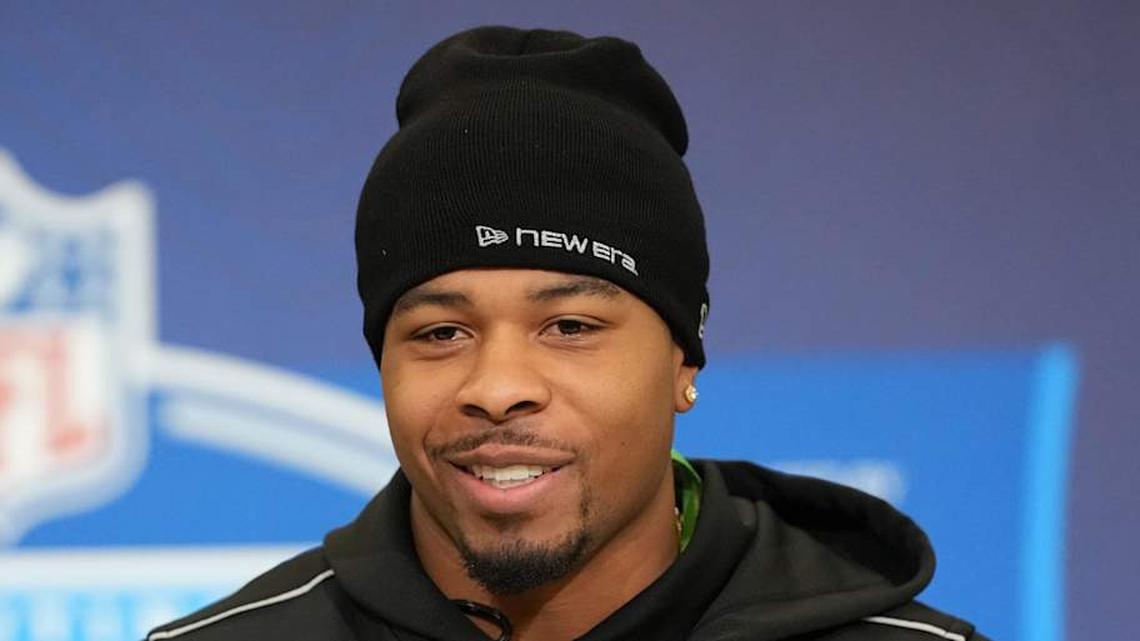  Feb 25, 2026; Indianapolis, IN, USA; Missouri linebacker Josiah Trotter (LB26) speaks during the NFL Scouting Combine at the Indiana Convention Center. Mandatory Credit: Kirby Lee-Imagn Images | Kirby Lee-Imagn Images 