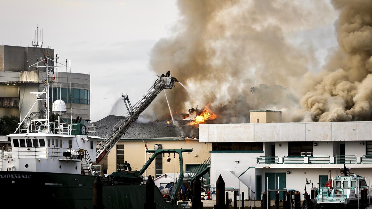 South Florida Marine Lab Fire. Firefighters work to extinguish a fire at the University of South Florida campus Saturday, May 2, 2026, in St. Petersburg, Fla. (Luis Santana/Tampa Bay Times via AP)
