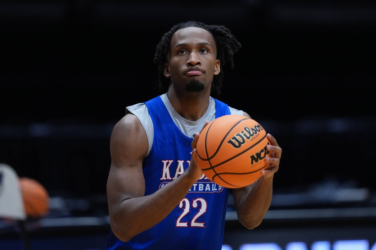  Mar 19, 2026; San Diego, CA, USA; Kansas Jayhawks guard Darryn Peterson (22) during a practice session ahead of the first round of the men's 2026 NCAA Tournament at Viejas Arena. Mandatory Credit: Kirby Lee-Imagn Images 