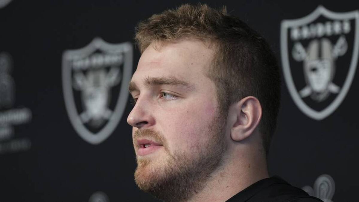  May 2, 2026; Henderson, NV, USA; Las Vegas Raiders guard Trey Zuhn II (66) speaks during a news conference at the team's Rookie Minicamp at Intermountain Health Performance Center. Mandatory Credit: Candice Ward-Imagn Images | Candice Ward-Imagn Images 