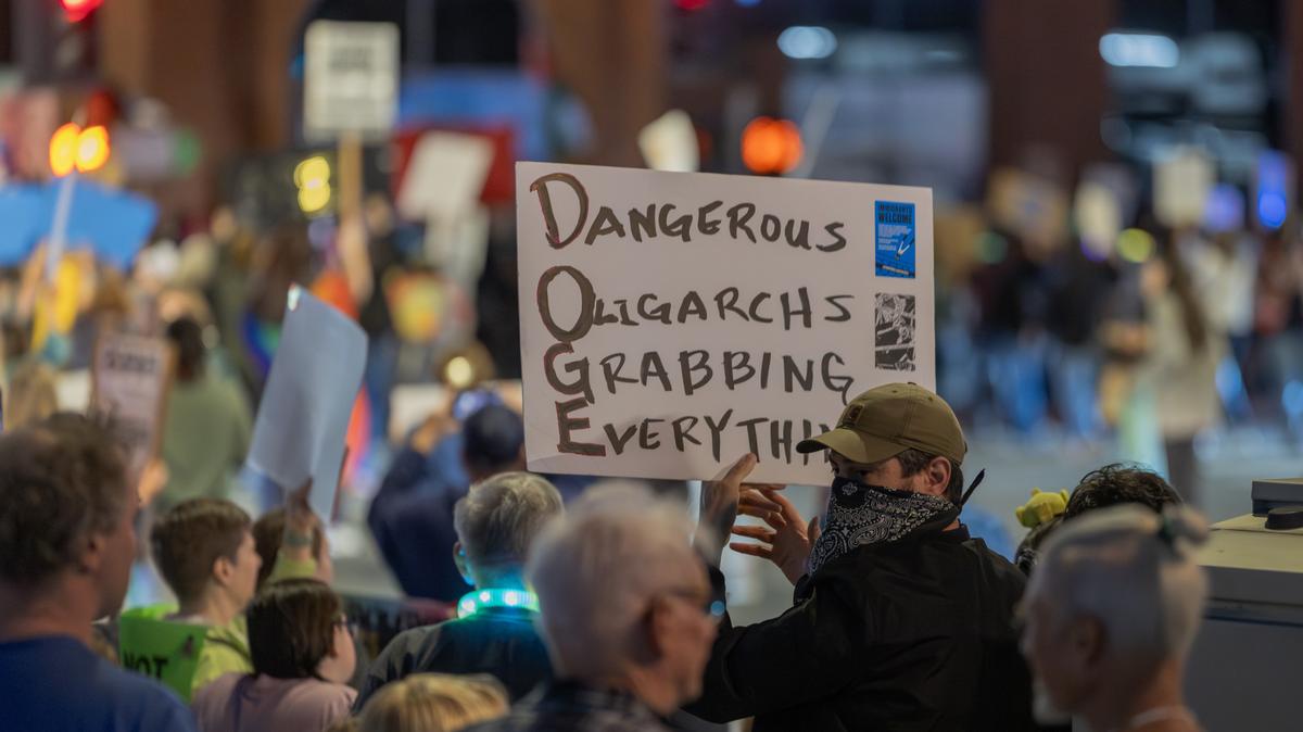 People join in a “Hands Off!” protest against the Trump administration on April 5, 2025 in Riverside, California.