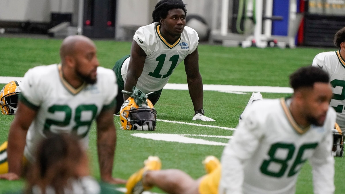 Green Bay Packers’ Sammy Watkins stretches at the NFL football team’s practice field Tuesday, June 7, 2022, in Green Bay, Wis. (AP Photo/Morry Gash)
