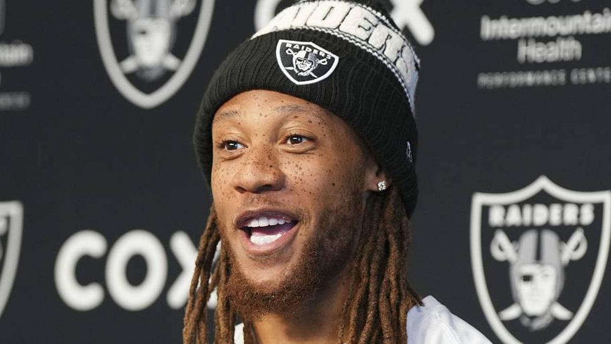  May 20, 2026; Henderson, NV, USA; Las Vegas Raiders cornerback Eric Stokes (5) speaks during a news conference during organized team activities at Intermountain Health Performance Center. Mandatory Credit: Candice Ward-Imagn Images | Candice Ward-Imagn Images 