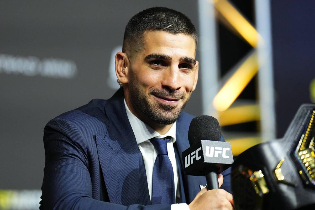  ABU DHABI, UNITED ARAB EMIRATES - OCTOBER 24: Ilia Topuria of Spain is seen on stage during the UFC 308 press conference at Etihad Arena on October 24, 2024 in Abu Dhabi, United Arab Emirates. (Photo by Chris Unger/Zuffa LLC)
