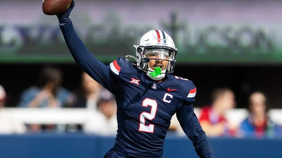  Nov 22, 2025; Tucson, Arizona, USA; Arizona Wildcats defensive back Treydan Stukes (2) against the Baylor Bears at Casino Del Sol Stadium. Mandatory Credit: Mark J. Rebilas-Imagn Images | Mark J. Rebilas-Imagn Images 