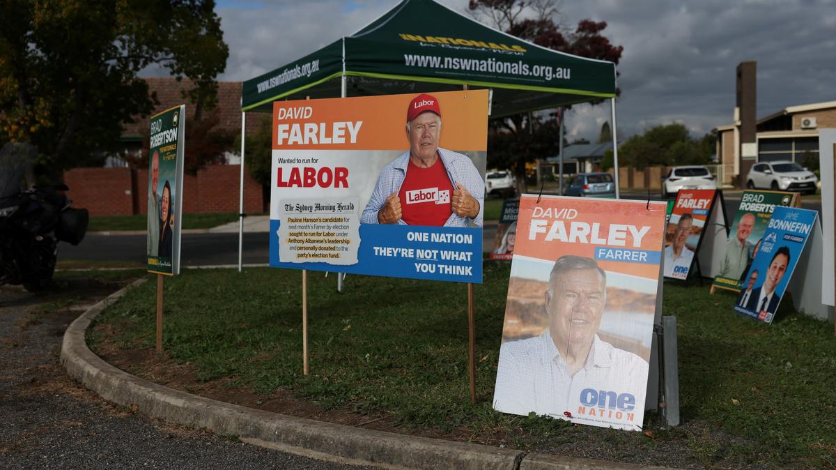 Campaign signs depicting One Nation candidate David Farley are displayed outside a pre-polling centre ahead of the Farrer by-election in Albury, Australia, May 6, 2026. REUTERS/Hollie Adams