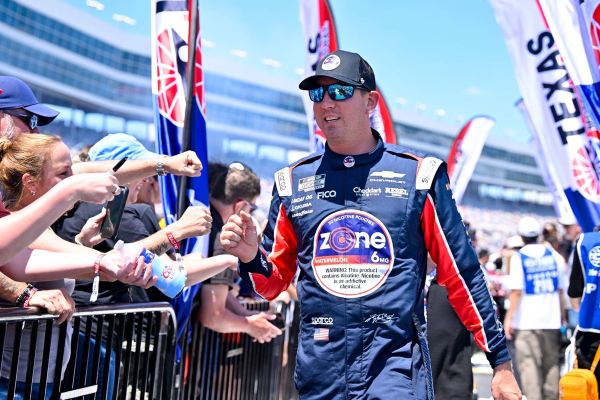  May 3, 2026; Fort Worth, Texas, USA; Richard Childress Racing driver Kyle Busch (8) is introduced before the start of the 2026 Wurth 400 cup race at Texas Motor Speedway. Mandatory Credit: Jerome Miron-Imagn Images 