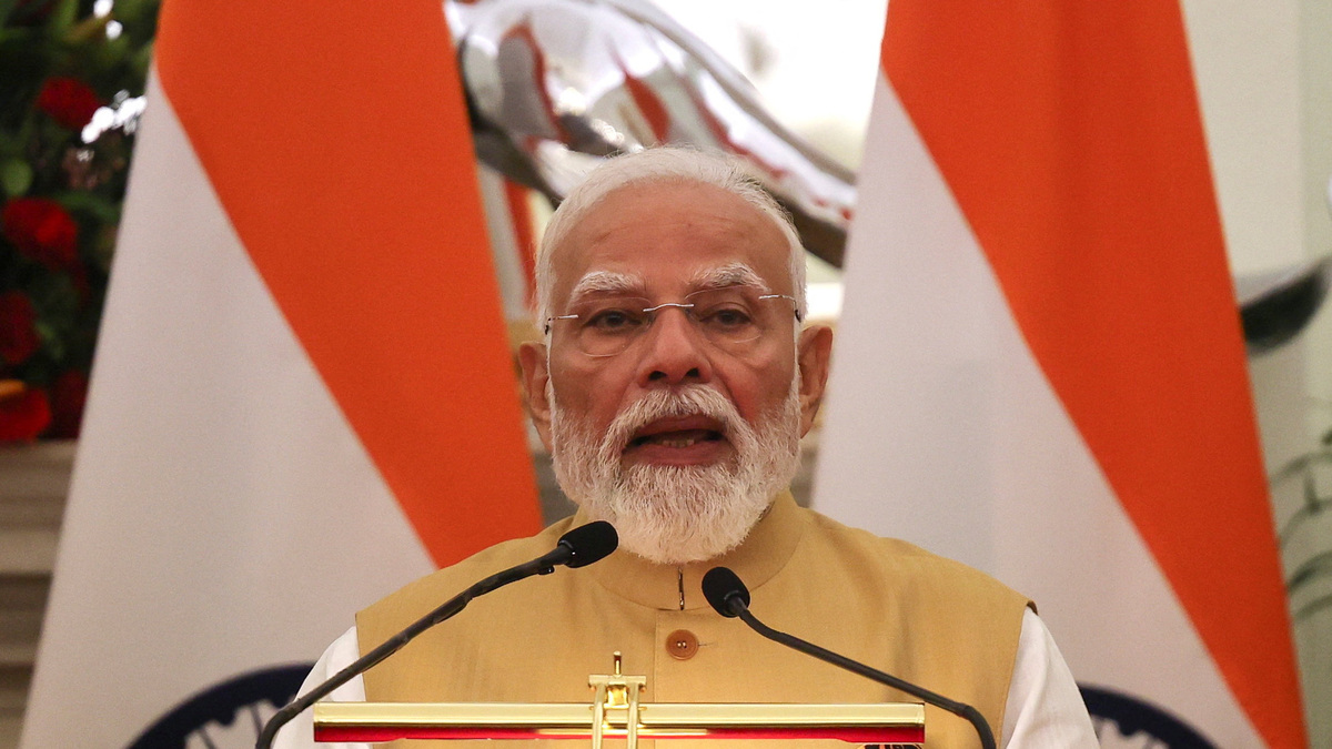 Indian Prime Minister Narendra Modi speaks during a joint press statement with Japanese Prime Minister Sanae Takaichi (not pictured) at the Hyderabad House in New Delhi, India, July 2, 2026. REUTERS/Altaf Hussain