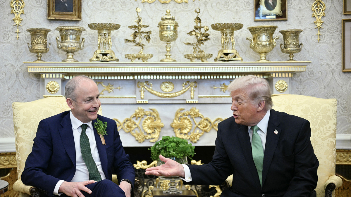 U.S. President Donald Trump meets with Taoiseach of Ireland Micheál Martin during a bilateral meeting in the Oval Office of the White House in Washington, D.C. on March 17, 2026. The Irish prime minister arrived in the United States March 13 for an annual St Patrick's Day trip under pressure to talk tough to Trump amid the Iran war. (Jim Watson/AFP/Getty Images/TNS)
