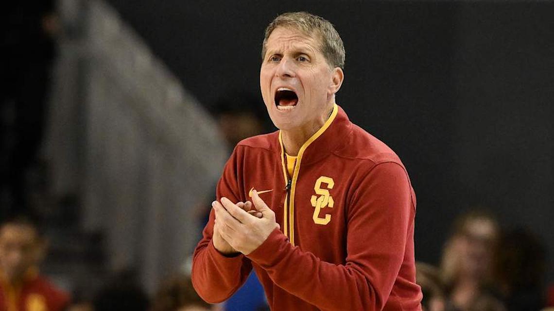  Feb 24, 2026; Los Angeles, California, USA; Southern California head coach Eric Musselman communicates during the first half against the UCLA Bruins at Pauley Pavilion presented by Wescom Financial. Mandatory Credit: Robert Hanashiro-Imagn Images | Robert Hanashiro-Imagn Images 