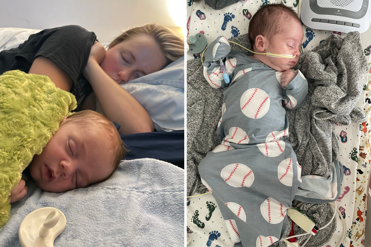  From left: Nolan and Ashley nap at home before he was admitted to hospital; and the baby is seen sleeping. 