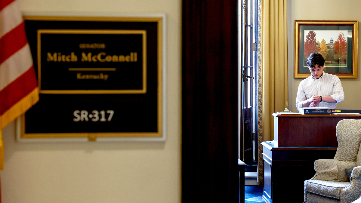 A staff member checks his watch inside of Mitch McConnell's office in Russell Senate Office Building on July 8, 2026, in Washington, D.C. McConnell's health has become the subject of speculation.