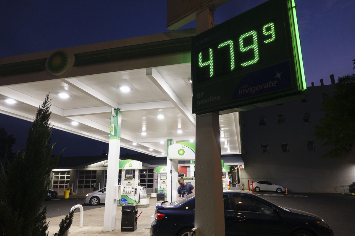  Gas prices are displayed at a BP gas station at dusk on June 1, 2026 in Washington, DC. (Photo by Kevin Carter/Getty Images) 