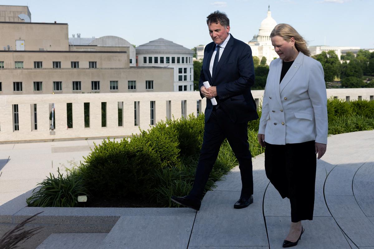 The Canadian minister responsible for Canada-U.S. relations, Dominic LeBlanc, and Canada's chief trade negotiator to the United States, Janice Charette, speak to the media at the Embassy of Canada in Washington, D.C., U.S., June 2, 2026. REUTERS/Anna Rose Layden