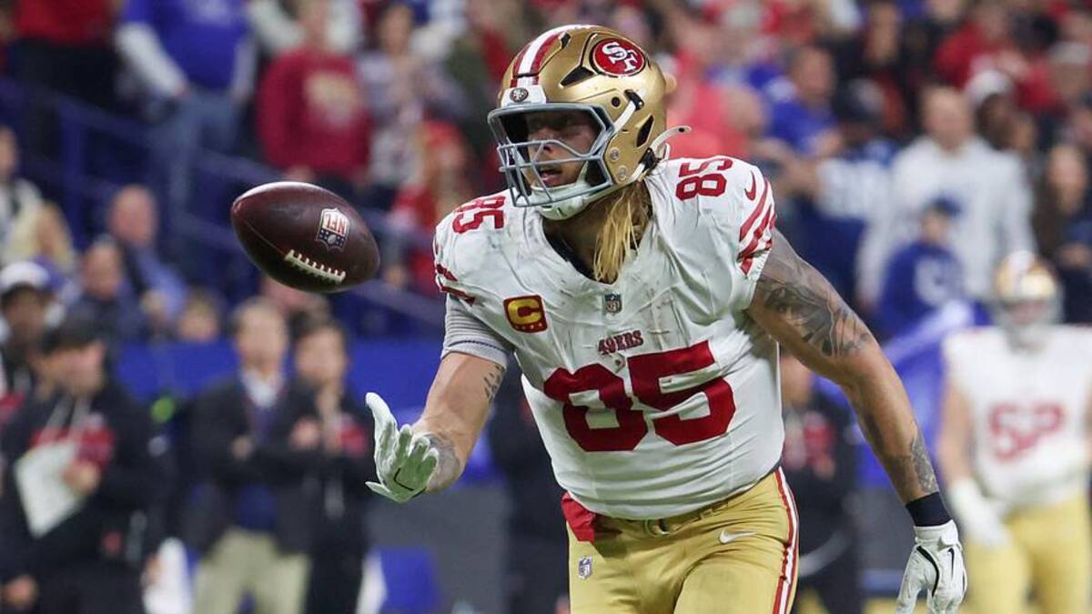  Dec 22, 2025; Indianapolis, Indiana, USA; San Francisco 49ers tight end George Kittle (85) reacts after a play against the Indianapolis Colts in the second quarter of the game at Lucas Oil Stadium. Mandatory Credit: Trevor Ruszkowski-Imagn Images | Trevor Ruszkowski-Imagn Images 