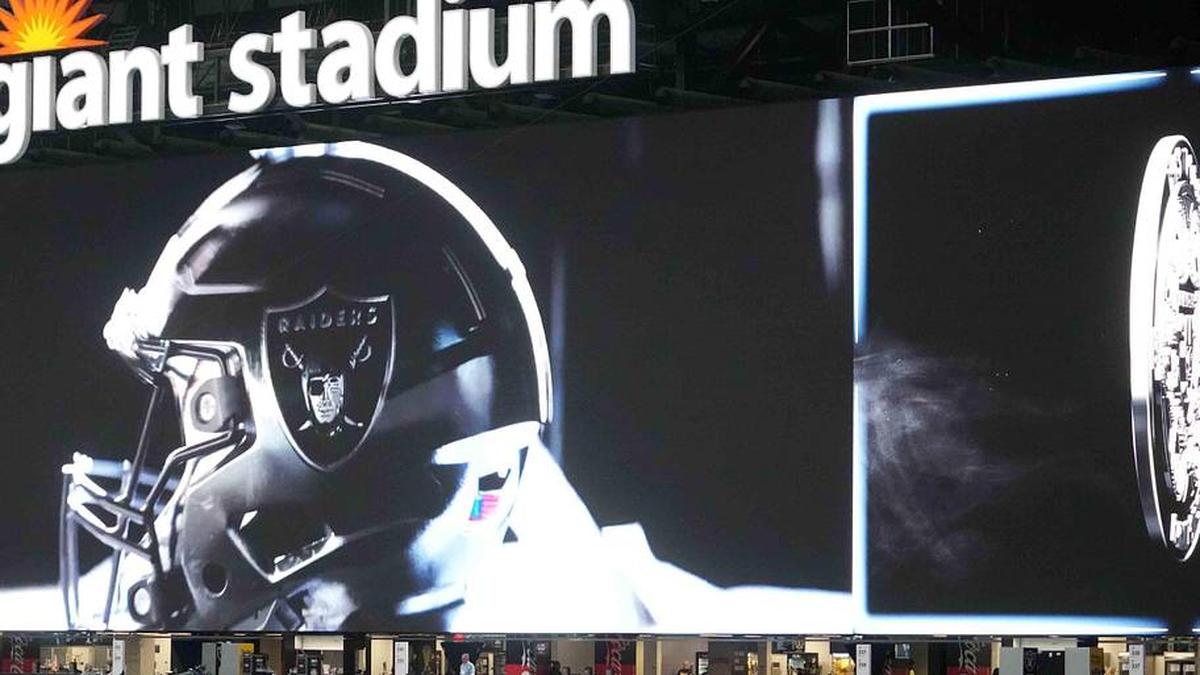  Jan 4, 2026; Paradise, Nevada, USA; The Las Vegas Raiders helmet logo on the video board at Allegiant Stadium. Mandatory Credit: Kirby Lee-Imagn Images | Kirby Lee-Imagn Images 