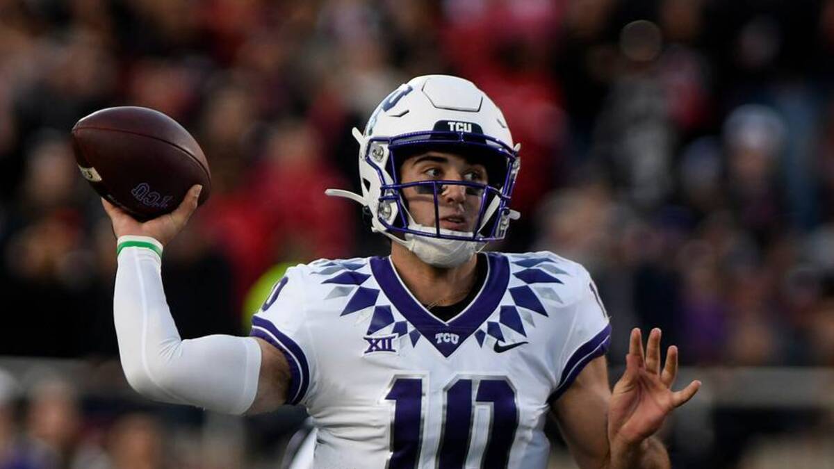  TCU's quarterback Josh Hoover (10) prepares to throw the ball against Texas Tech in a Big 12 football game, Thursday, Nov. 2, 2023, at Jones AT&T Stadium. | USA TODAY Network via Reuters Connect 