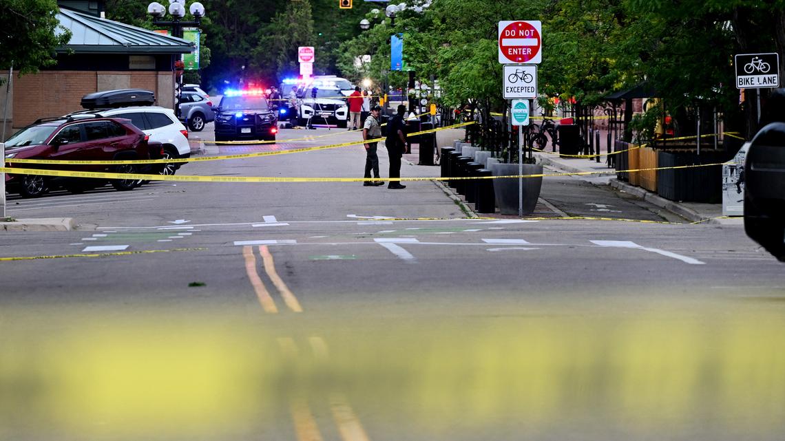 Law enforcement officials are on scene to investigate an attack on the Pearl Street Mall in Boulder, Colorado on June 1, 2025. Multiple people were burned, some severely, in an attack during a vigil that called on Hamas to release Israeli hostages. (Helen H. Richardson/The Denver Post/TNS)