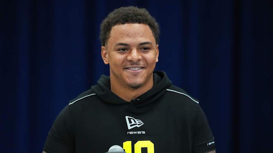  Feb 25, 2026; Indianapolis, IN, USA; TCU linebacker Namdi Obiazor (LB18) speaks during the NFL Scouting Combine at the Indiana Convention Center. Mandatory Credit: Kirby Lee-Imagn Images | Kirby Lee-Imagn Images 