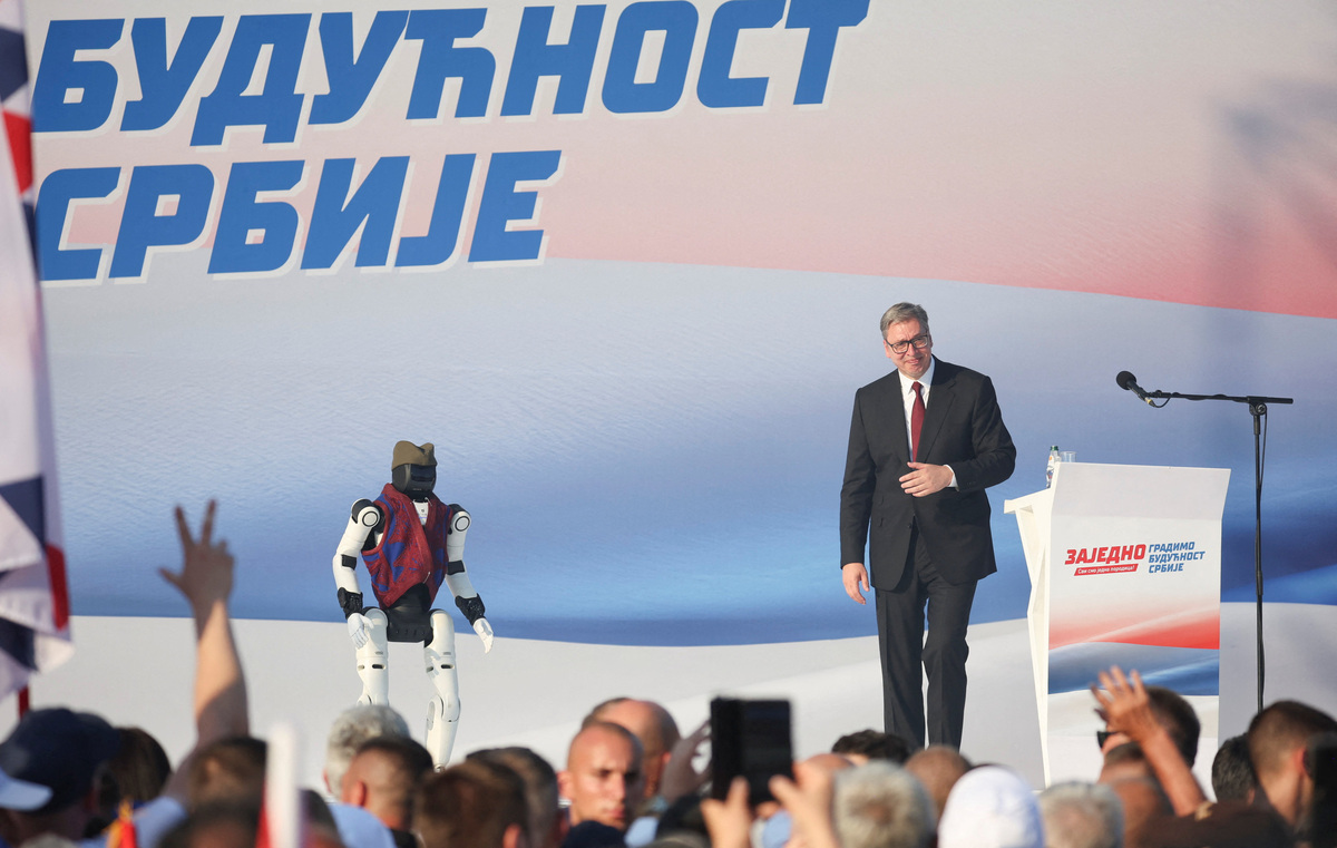 Serbian President Aleksandar Vucic attends a rally in Belgrade, Serbia, June 27, 2026. REUTERS/Djordje Kojadinovic