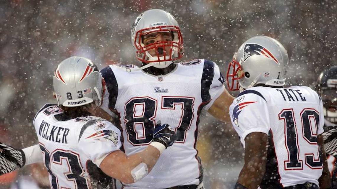  Dec 12, 2010; Chicago, IL, USA; New England Patriots tight end Rob Gronkowski (87) celebrates with teammates Wes Welker (83) and Brandon Tate (19) after scoring a touchdown during the first quarter against the Chicago Bears at Soldier Field. Mandatory Credit: Jerry Lai-Imagn Images | Jerry Lai-Imagn Images 
