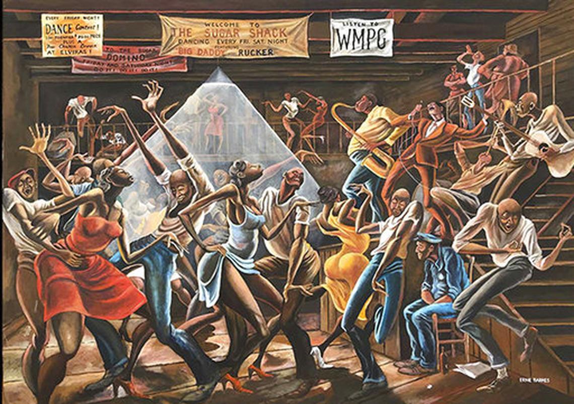 This photo made available by the Ernie Barnes Family Trust shows “The Sugar Shack,,” created by Ernie Barnes in 1976. His masterpiece is now on display at Mint Museum Uptown.