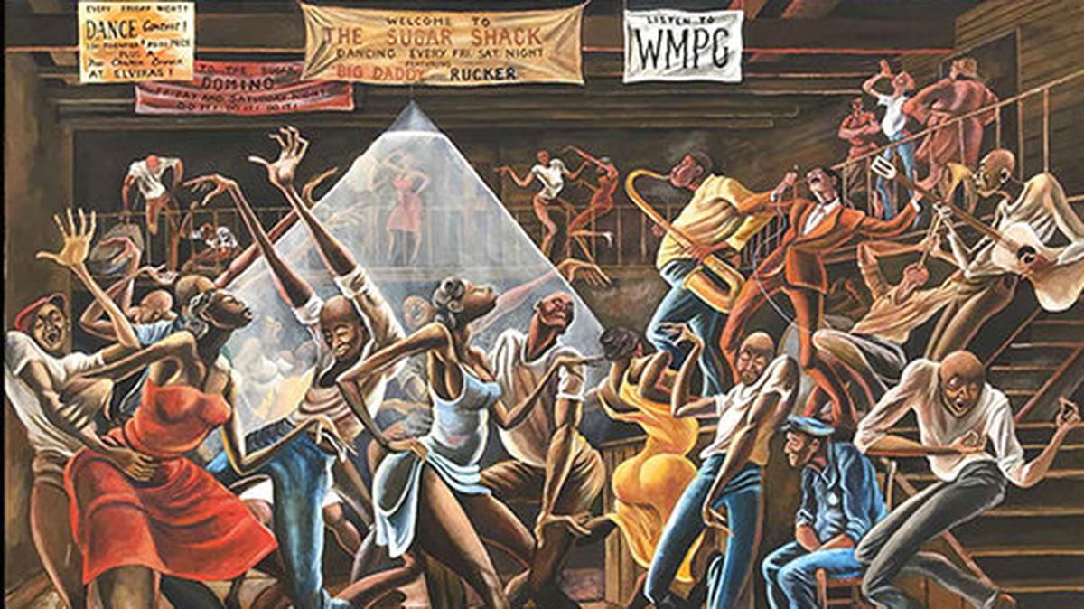 This photo made available by the Ernie Barnes Family Trust shows the painting titled “Sugar Shack,” created by Ernie Barnes in 1976. Barnes was an African-American athlete and artist whose best-known painting was “Sugar Shack,” which was the cover of a Marvin Gaye album and also appeared in the closing credits of the sitcom “Good Times.”
