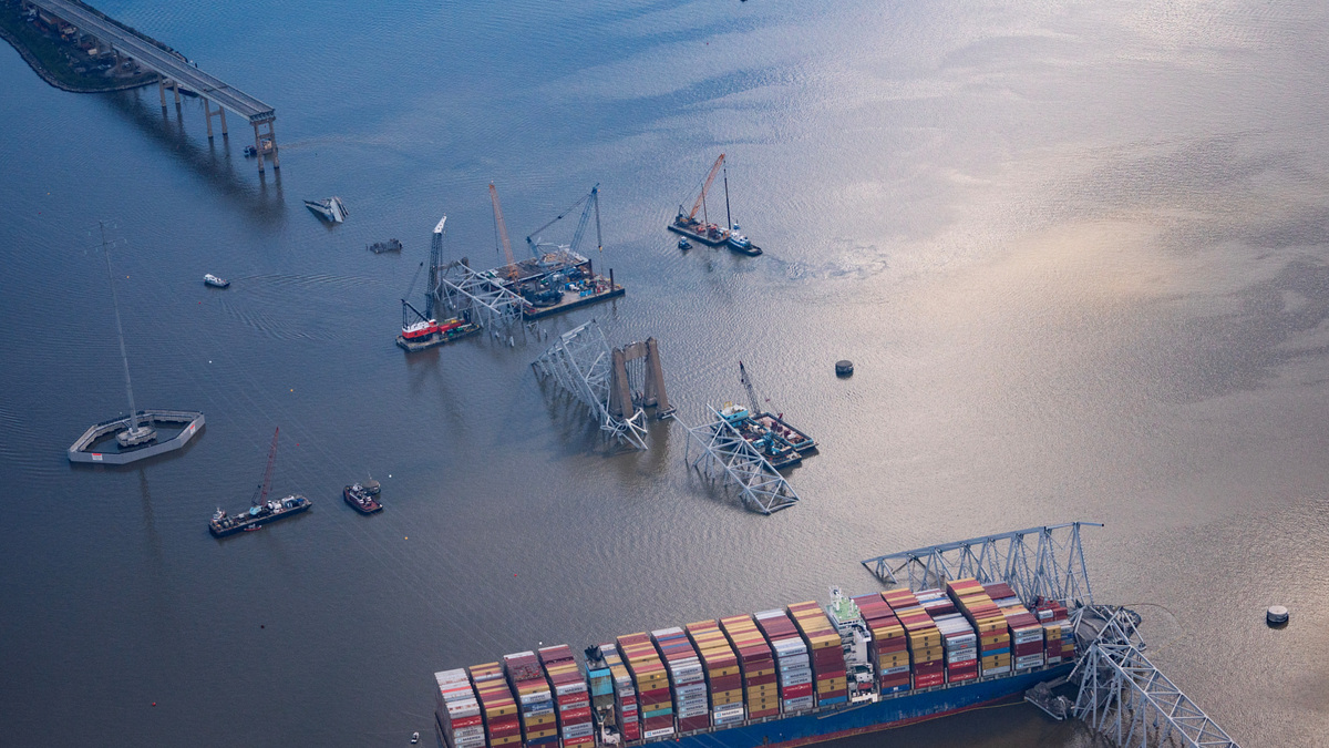 View of the Dali cargo vessel which crashed into the Francis Scott Key Bridge causing it to collapse in Baltimore, Maryland, U.S., April 4, 2024. REUTERS/Nathan Howard