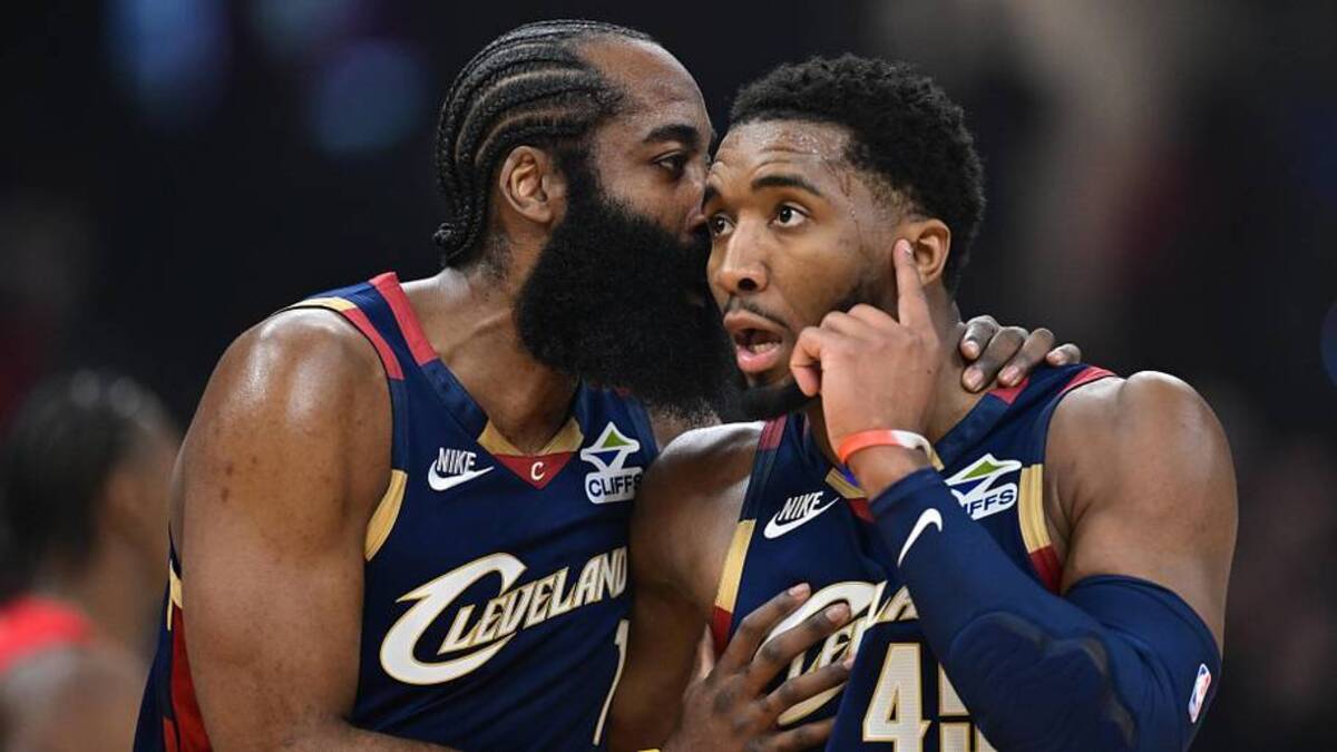  Apr 20, 2026; Cleveland, Ohio, USA; Cleveland Cavaliers guard Donovan Mitchell (45) talks with guard James Harden (1) during the first half during game two of the first round of the 2026 NBA Playoffs against the Toronto Raptors at Rocket Arena. Mandatory Credit: David Dermer-Imagn Images | David Dermer-Imagn Images 