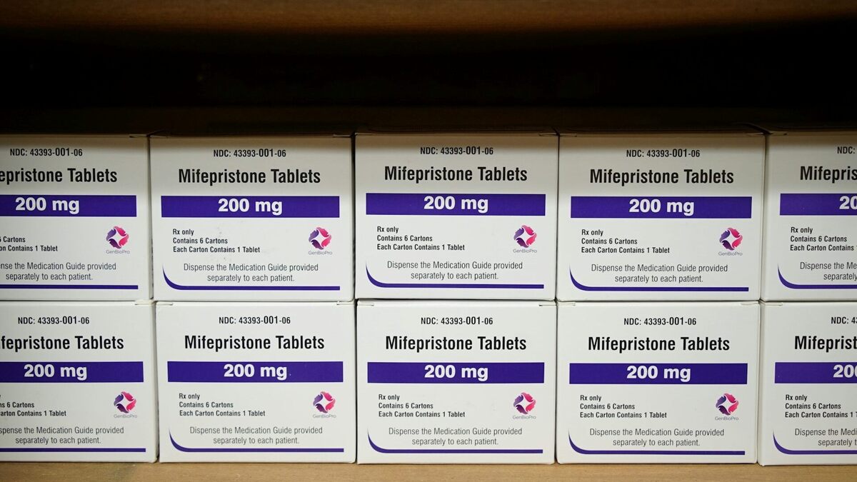Boxes of the drug mifepristone line a shelf at a women's center in Alabama on March 16, 2022. 