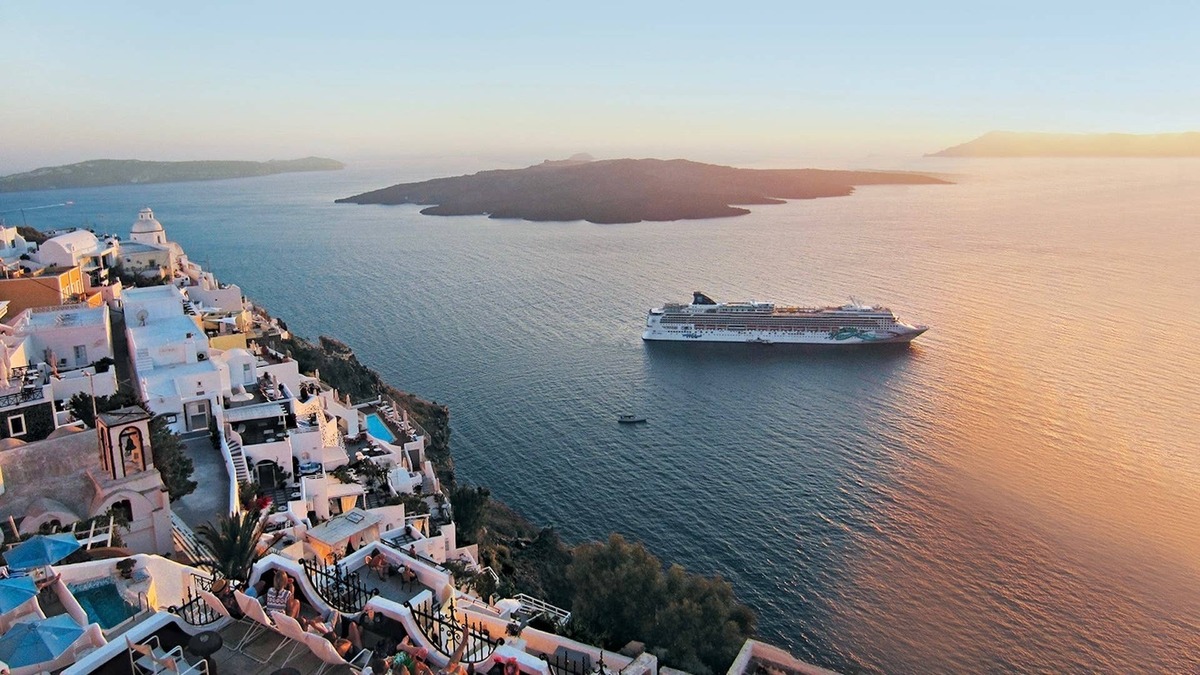 The Norwegian Jade cruise ship is seen from Santorini, Greece.