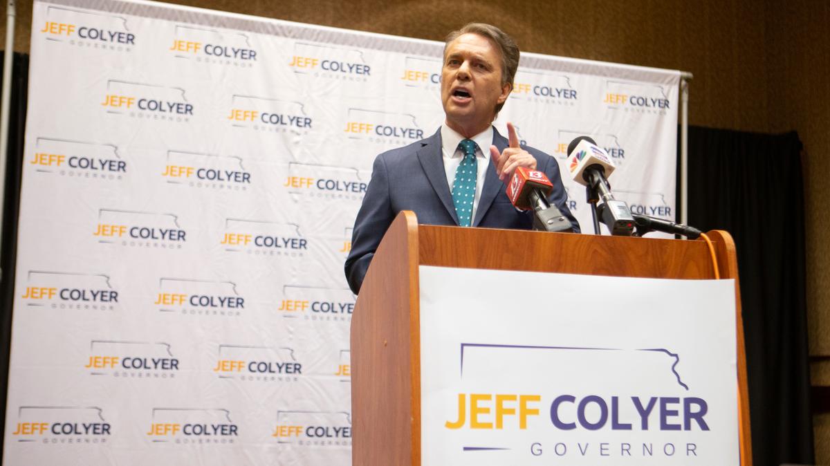 Former Gov. Jeff Colyer announces his run for Kansas governor with the help of an endorsement by Kansas senator Roger Marshall at the Capitol Plaza Hotel in Topeka, Kan., on Monday, April 19, 2021. (Evert Nelson/The Topeka Capital-Journal via AP)