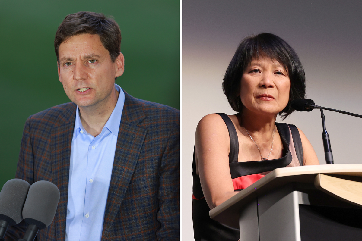  David Eby, British Columbia’s premier, speaks to the press during the BC Place upgrades ahead of the FIFA World Cup 2026 on May 12, 2026, left, and Olivia Chow, Mayor of Toronto speaks onstage at the premiere of “Harbin” during the 2024 Toronto International Film Festival on September 08, 2024, right. 