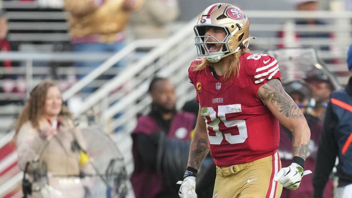  Dec 14, 2025; Santa Clara, California, USA; San Francisco 49ers tight end George Kittle (85) reacts during the third quarter against the Tennessee Titans at Levi's Stadium. Mandatory Credit: Cary Edmondson-Imagn Images | Cary Edmondson-Imagn Images 