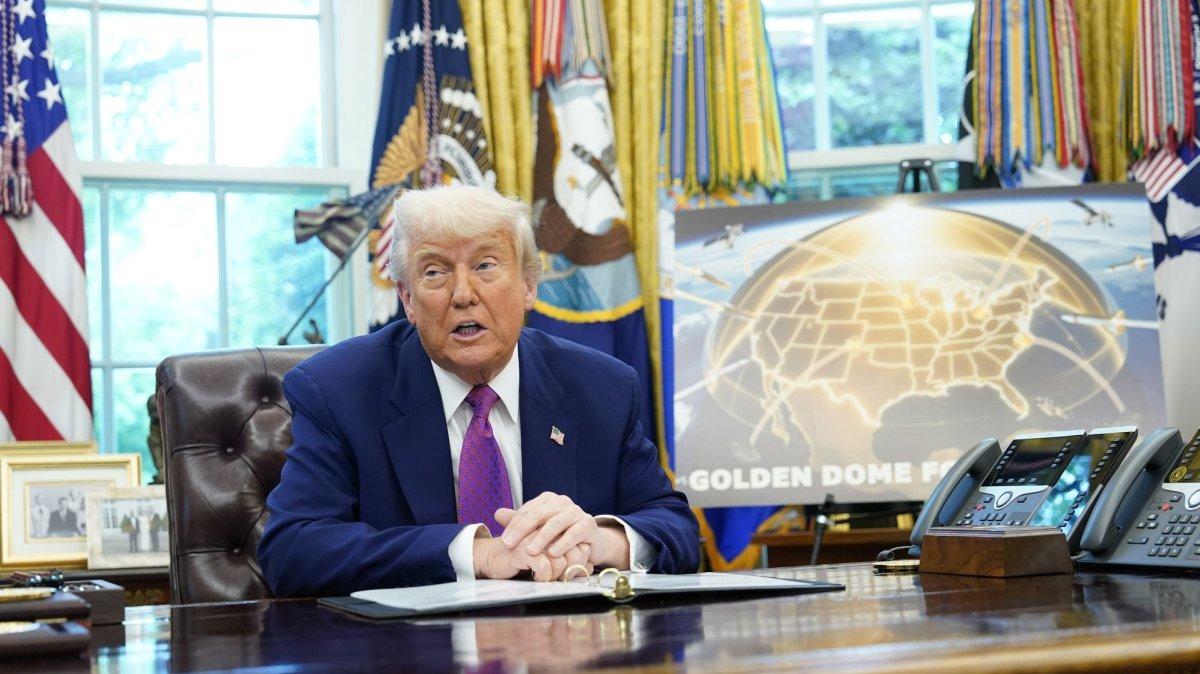 U.S. President Donald Trump announces he has selected the path forward for his Golden Dome missile defense system in May 2025 in the Oval Office of the White House in Washington, D.C. A report by a nonpartisan office said Tuesday said the system could cost $1.2 trillion, far more than Trump said during this announcement.